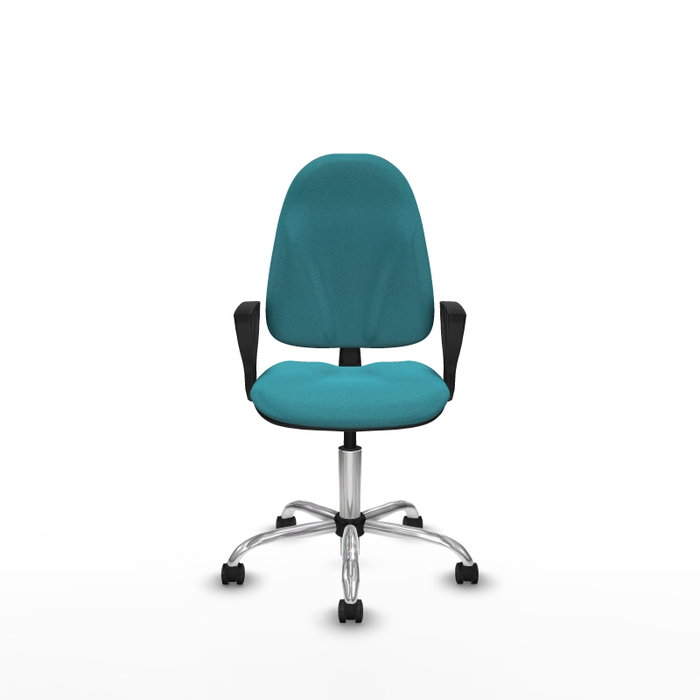 Chaise de bureau Algarra avec mécanisme de contact permanent de base, recouverte de tissu turquoise. Équipée d'une base chromée, d'accoudoirs fixes et de roulettes pour parquet