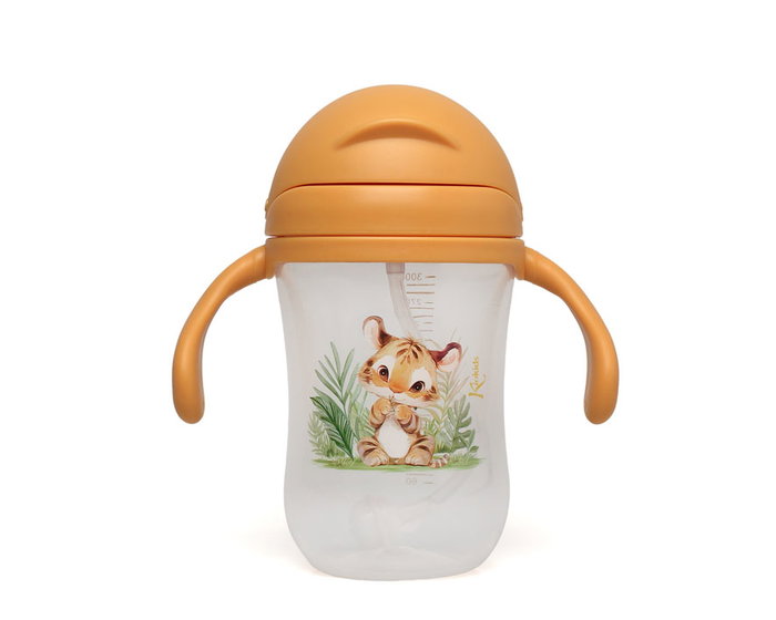 KioKids Taza Step 3 Tasse D'apprentissage Tigre avec Paille Contrepoids - 300 mL - Coloris Moutarde - Idéal Bébé +6 Mois - Collection Little Sauvages