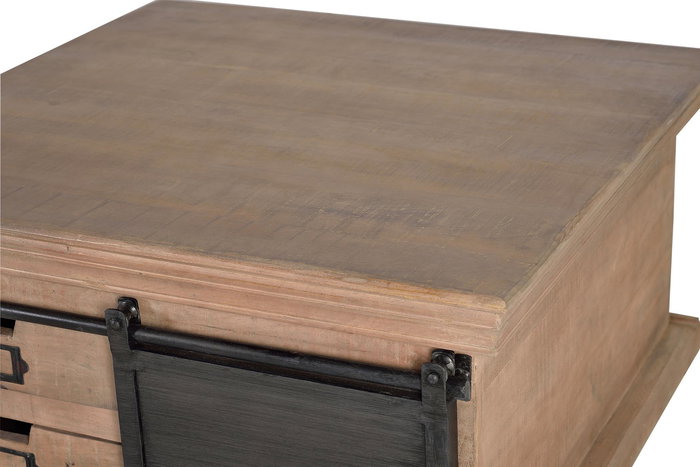 GINER Y COLOMER Table basse en bois de manguier et métal, couleur naturel, 4 tiroirs et 2 portes coulissantes - Dimensions tiroir : 9 x 34 cm, intérieur 26 x 38 cm