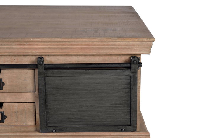 GINER Y COLOMER Table basse en bois de manguier et métal, couleur naturel, 4 tiroirs et 2 portes coulissantes - Dimensions tiroir : 9 x 34 cm, intérieur 26 x 38 cm