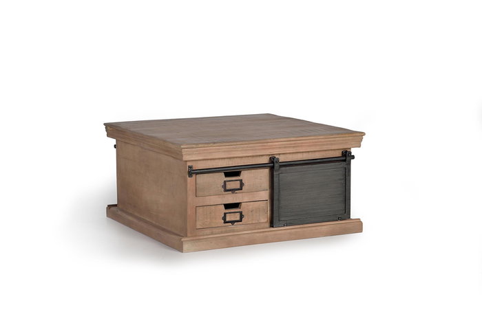 GINER Y COLOMER Table basse en bois de manguier et métal, couleur naturel, 4 tiroirs et 2 portes coulissantes - Dimensions tiroir : 9 x 34 cm, intérieur 26 x 38 cm