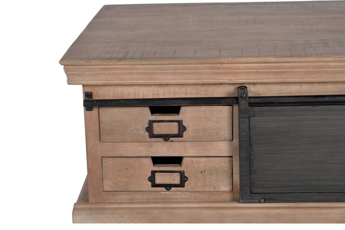 GINER Y COLOMER Table basse en bois de manguier et métal, couleur naturel, 4 tiroirs et 2 portes coulissantes - Dimensions tiroir : 9 x 34 cm, intérieur 26 x 38 cm