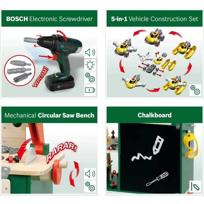 Klein Établi de Bricolage Bosch 8734 en Bois FSC avec Visseuse Électronique, Caisse à Outils et Set de Construction - Jouet pour Enfants Dès 3 Ans