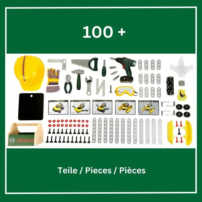 Klein Établi de Bricolage Bosch 8734 en Bois FSC avec Visseuse Électronique, Caisse à Outils et Set de Construction - Jouet pour Enfants Dès 3 Ans
