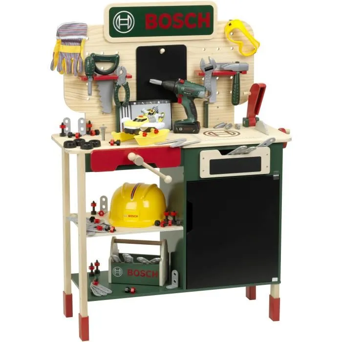 Klein Établi de Bricolage Bosch 8734 en Bois FSC avec Visseuse Électronique, Caisse à Outils et Set de Construction - Jouet pour Enfants Dès 3 Ans