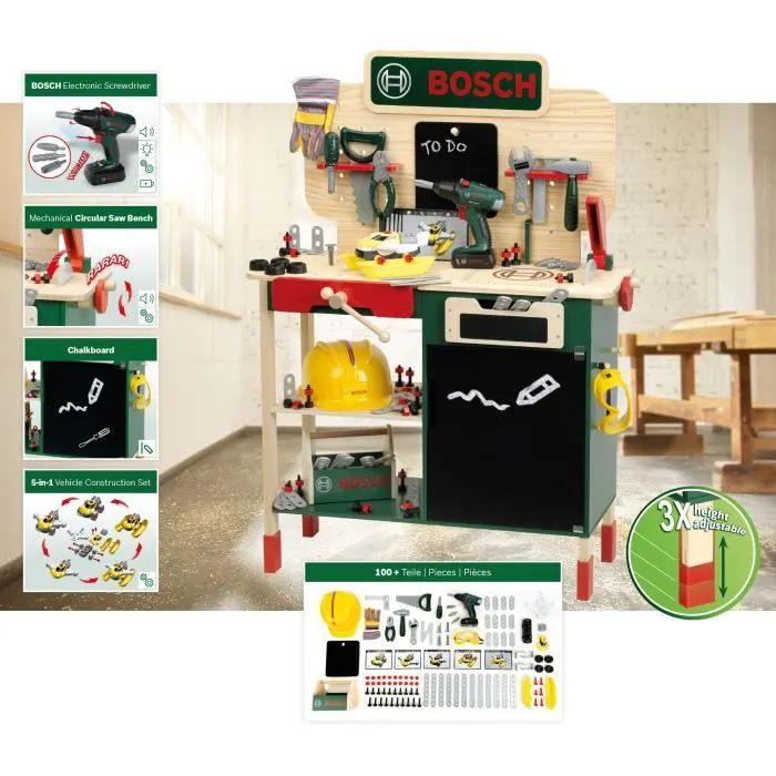 Klein Établi de Bricolage Bosch 8734 en Bois FSC avec Visseuse Électronique, Caisse à Outils et Set de Construction - Jouet pour Enfants Dès 3 Ans
