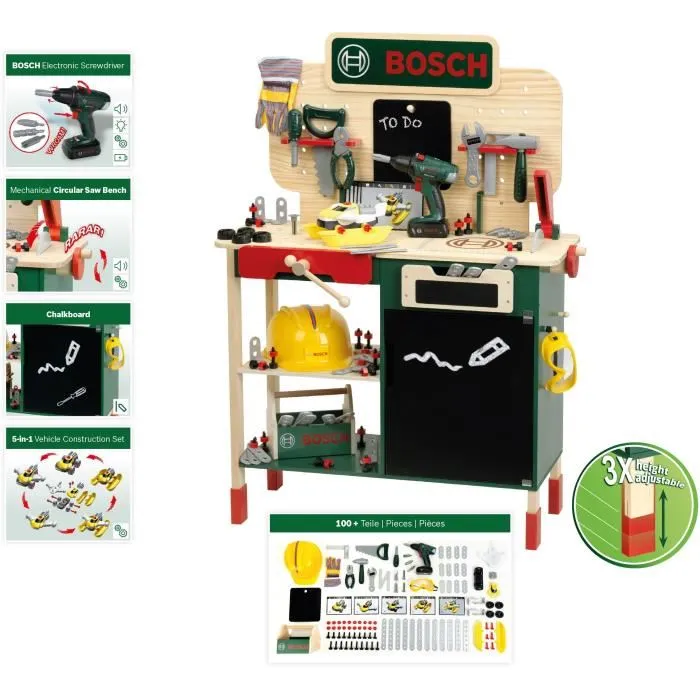 Klein Établi de Bricolage Bosch 8734 en Bois FSC avec Visseuse Électronique, Caisse à Outils et Set de Construction - Jouet pour Enfants Dès 3 Ans Klein Établi de Bricolage Bosch 8734 en Bois FSC avec Visseuse Électronique, Caisse à Outils et Set de Construction - Jouet pour Enfants Dès 3 Ans