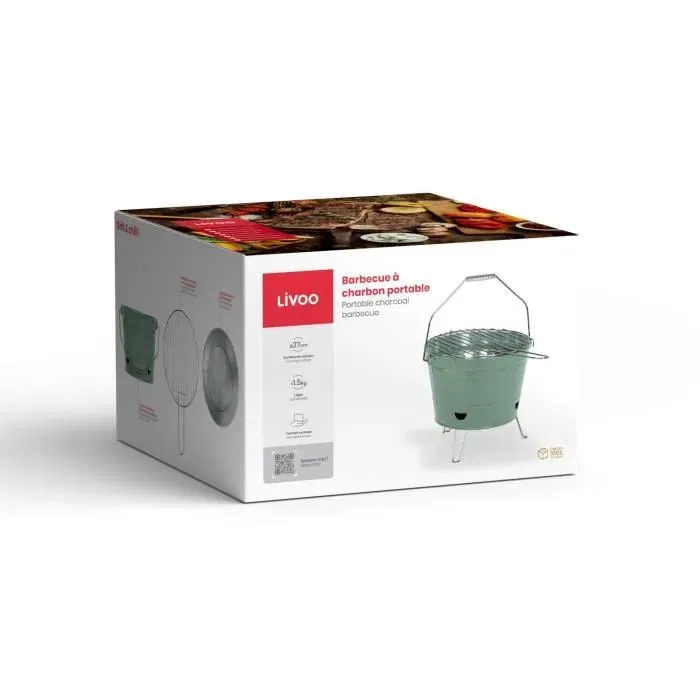 Livoo Barbecue Charbon DOC327V Portable 27 cm, Grille Acier Chromé, Pieds Pliables et Poignées, Hauteur 24 cm, Compact et Pratique