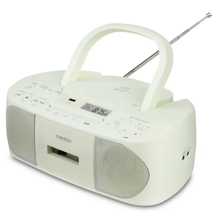 Medion Radio Lecteur CD Cassette PLL-FM avec Entrée AUX, 2x30W, 6 Modes Sonores, Antenne Télescopique, Fonction Piles, Vert