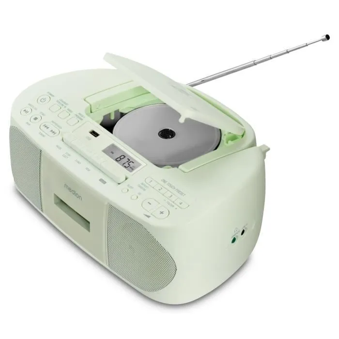 Medion Radio Lecteur CD Cassette PLL-FM avec Entrée AUX, 2x30W, 6 Modes Sonores, Antenne Télescopique, Fonction Piles, Vert