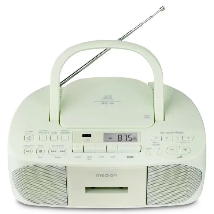 Medion Radio Lecteur CD Cassette PLL-FM avec Entrée AUX, 2x30W, 6 Modes Sonores, Antenne Télescopique, Fonction Piles, Vert