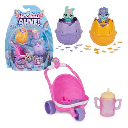 Spin Master Hatchimals Alive Set Carriola Pack 6067741 - Jouet d'éveil avec 2 personnages à faire éclore, poussette, biberon et sucettes - Multilingue - À partir de 3 ans