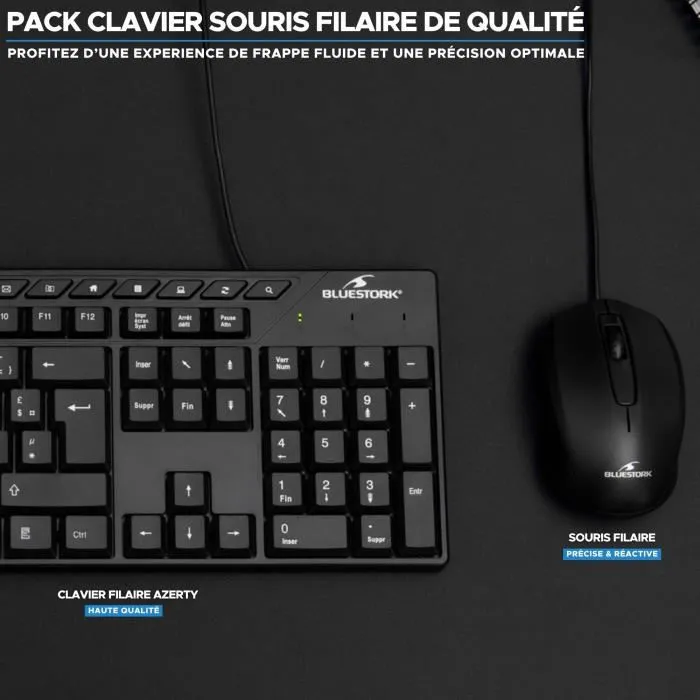Bluestork Pack Clavier et Souris filaire Media Office Azerty Noir - Compatible Windows - Clavier AZERTY, souris 15 touches 1600 DPI