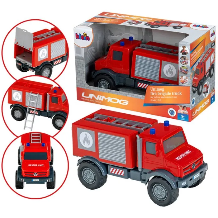 KLEIN 3600 - Camion de pompier tout-terrain Mercedes Unimog 1:24 - Échelle, hayon arrière ouvrable, roues souples - Jouet pour enfant dès 3 ans