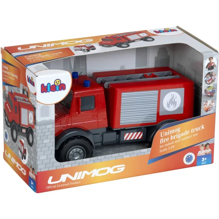 KLEIN 3600 - Camion de pompier tout-terrain Mercedes Unimog 1:24 - Échelle, hayon arrière ouvrable, roues souples - Jouet pour enfant dès 3 ans