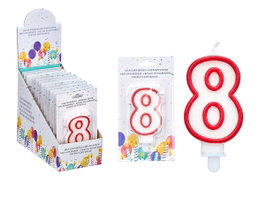 Arte Regal Bougie Anniversaire Numéro 8 Blanc Bord Rouge 4x8x1 cm (Set de 72)