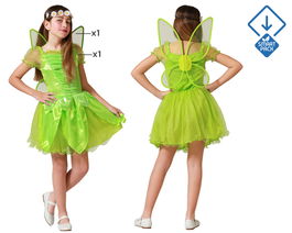Déguisement de Fée Marraine Vert Brillant pour Enfant Fille 5-6 Ans - Tenue Carnaval avec Ailes - Polyester