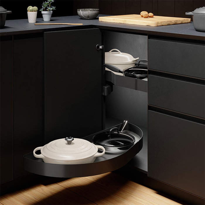 Menage Confort Bandeja Nova Flat Dolphin-I Organisateur d'angle de cuisine extractible avec fermeture amortie Anthracite Main Droite Porte 450