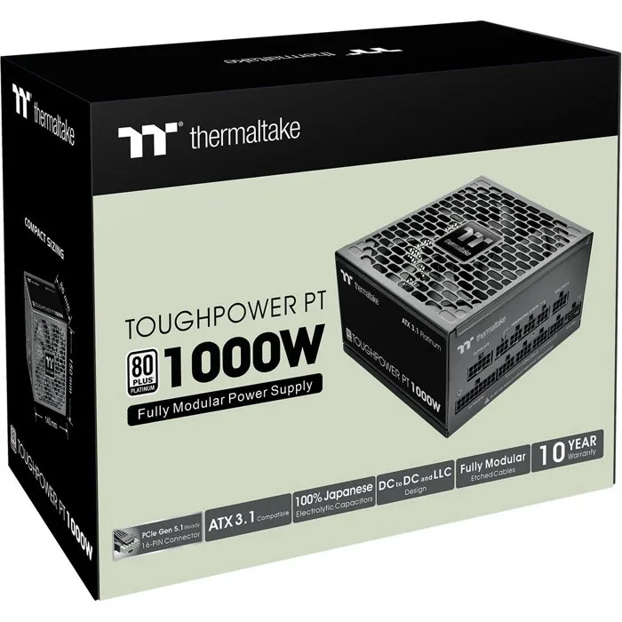 Thermaltake Toughpower PT - Alimentation PC modulaire 1000 W 80 Plus Platinum, ventilateur 120 mm, ATX 3.1, compatible PCI-E 5.1 12VHPWR (16 pins), noir Thermaltake Toughpower PT - Alimentation PC modulaire 1000 W 80 Plus Platinum, ventilateur 120 mm, ATX 3.1, compatible PCI-E 5.1 12VHPWR (16 pins), noir