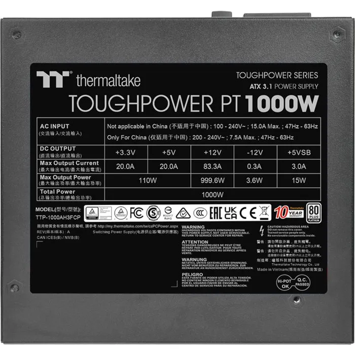 Thermaltake Toughpower PT - Alimentation PC modulaire 1000 W 80 Plus Platinum, ventilateur 120 mm, ATX 3.1, compatible PCI-E 5.1 12VHPWR (16 pins), noir Thermaltake Toughpower PT - Alimentation PC modulaire 1000 W 80 Plus Platinum, ventilateur 120 mm, ATX 3.1, compatible PCI-E 5.1 12VHPWR (16 pins), noir