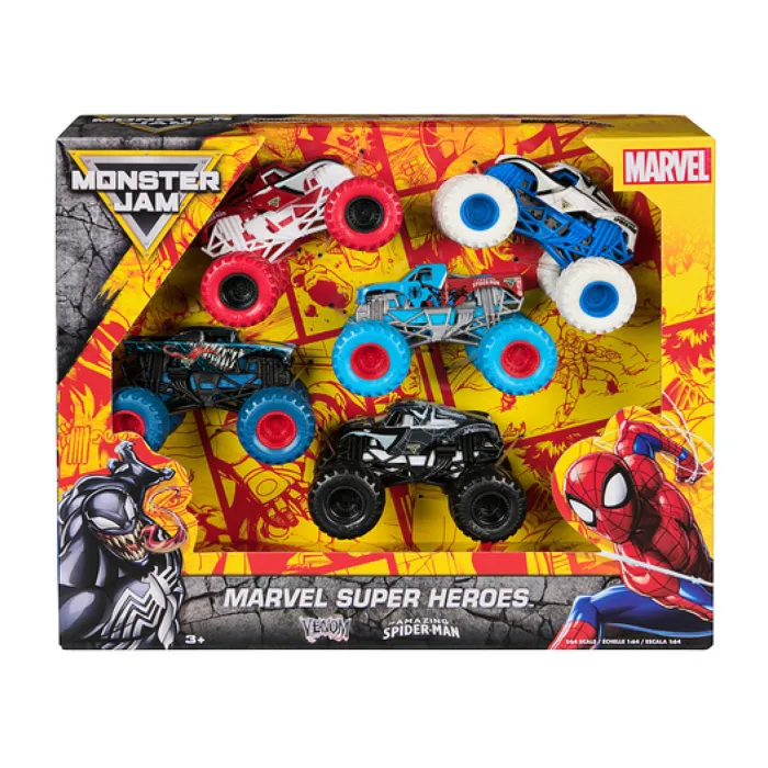 Spinmaster Marvel Spider-Man - Pack de 5 Véhicules Monster Jam Die-Cast True Metal à l'Échelle 1:64, Détails Agressifs, Roues Souples, Suspensions, pour Cascades