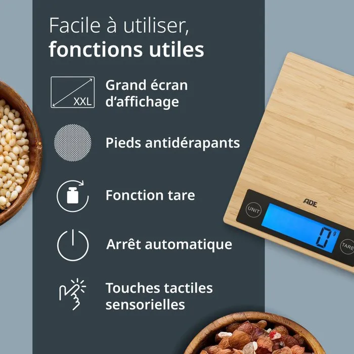 Ade Balance de cuisine digitale Ramona en bambou, affichage LCD rétroéclairé, technologie Sensor Touch, 23 x 18 x 2 cm avec piles