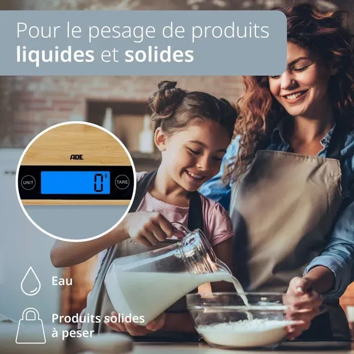 Ade Balance de cuisine digitale Ramona en bambou, affichage LCD rétroéclairé, technologie Sensor Touch, 23 x 18 x 2 cm avec piles