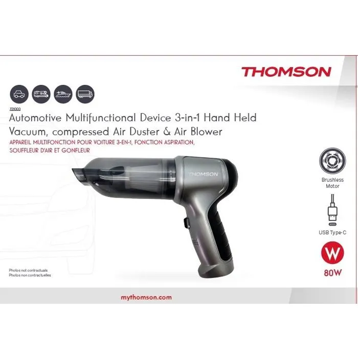 Thomson Aspirateur Voiture 3-en-1 80W 12000 Pa Autonomie 18 min avec 6 Accessoires Gris