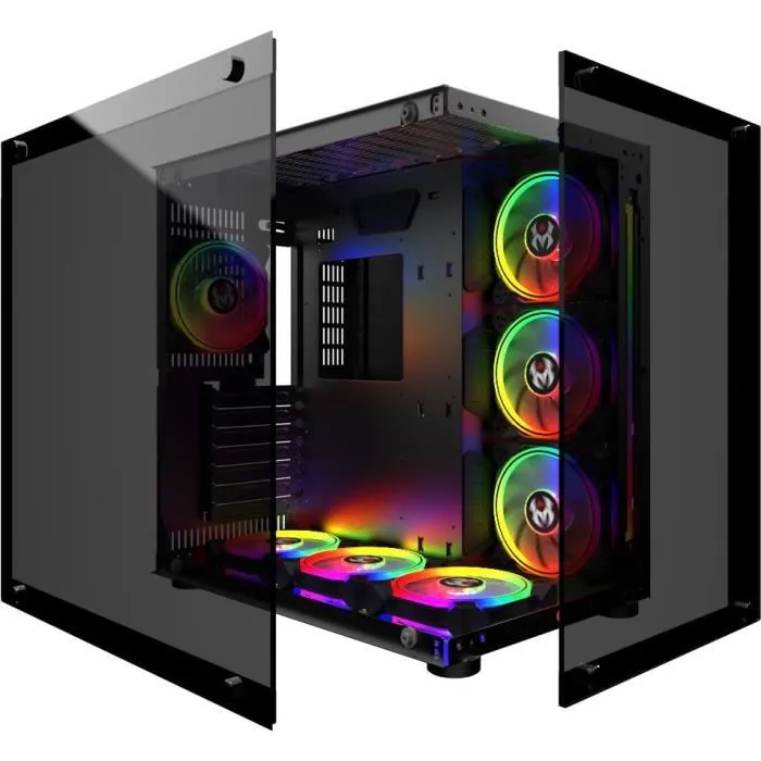 MRED Boîtier PC Gamer ATX Crystal Sea Noir avec Éclairage RGB, Ventilateurs Inclus, 7 Baies Internes - 277 x 415 x 415 mm