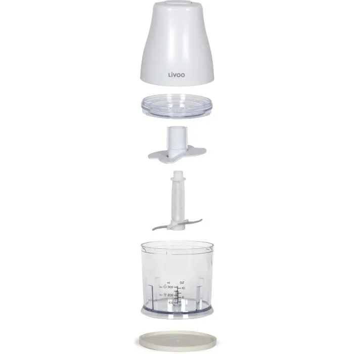 Livoo - Hachoir 400W avec Fonction Turbo et Bol Gradué 300ml - 2 Lames Inox et Disque Émulsifiant Amovible - Blanc
