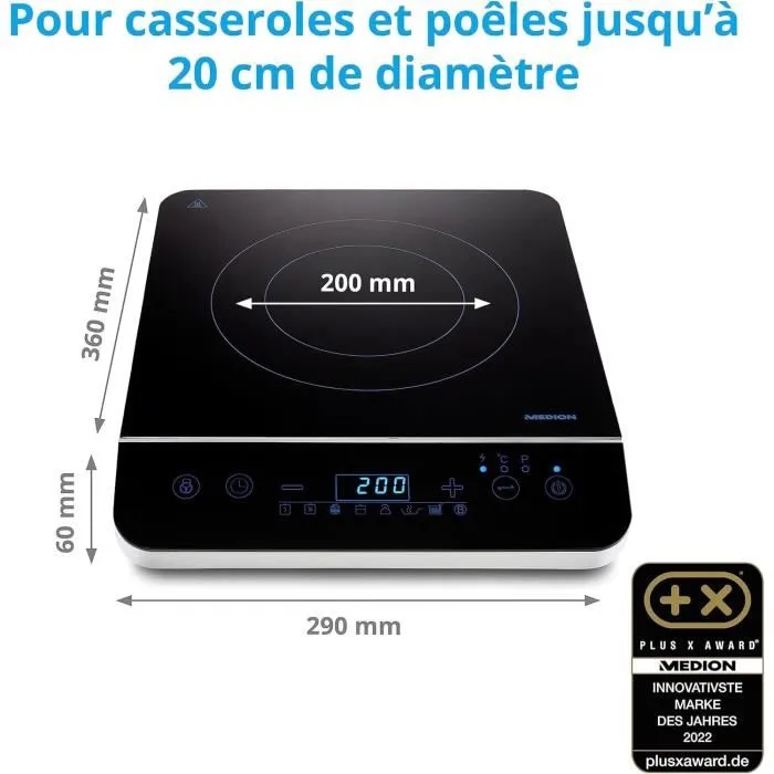 Medion Plaque à induction posable MD 17595 - 2000 W - 1 Feu - Dimensions 29 x 36 cm - Cuisson rapide - Noire