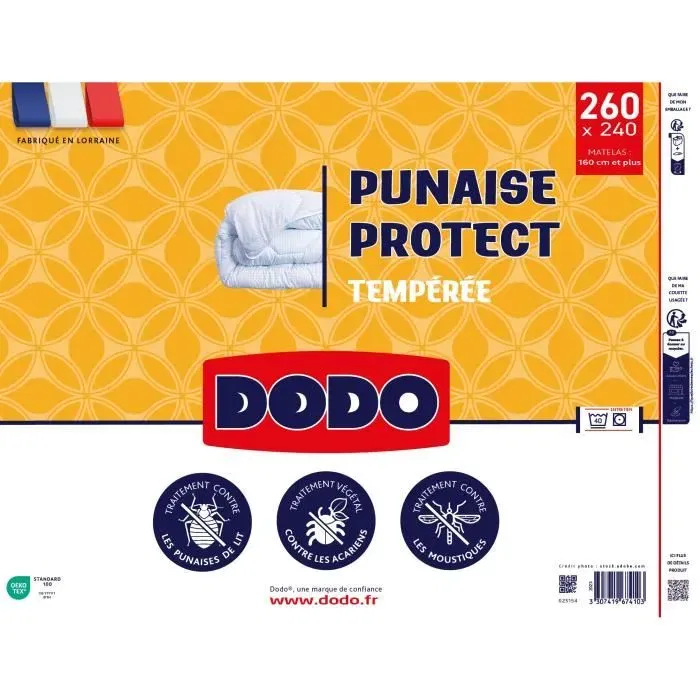 DODO Couette tempérée 300 g/m² 240 x 260 cm - Protection anti-acariens, anti-punaises et anti-moustiques - Blanc - Fabriquée en France DODO Couette tempérée 300 g/m² 240 x 260 cm - Protection anti-acariens, anti-punaises et anti-moustiques - Blanc - Fabriquée en France