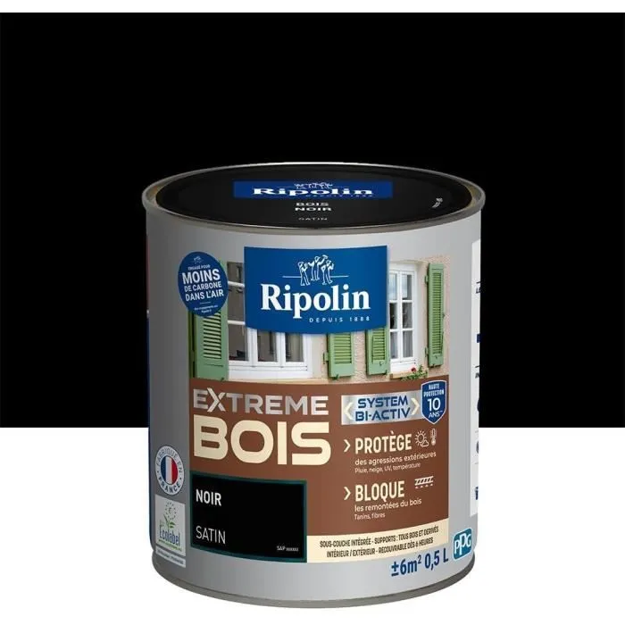 Ripolin Peinture Bois Satin Haute Protection 10 Ans, Intérieur/Extérieur, Application Directe, Ultra Couvrante, Noir