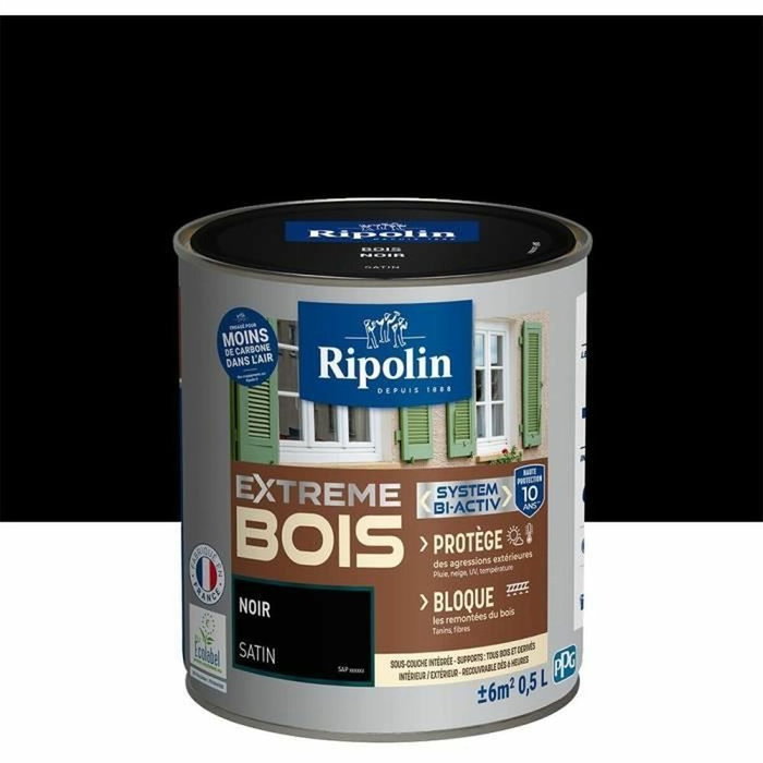 Ripolin Peinture Bois Satin Haute Protection Noir 0,5 L
