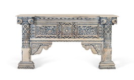 GINER Y COLOMER Console de recibidor en bois de manguier, blanc et bleu