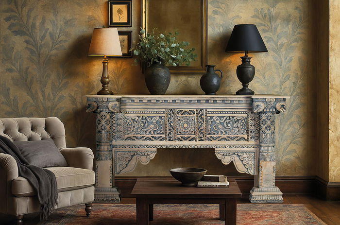 GINER Y COLOMER Console d'entrée en bois de manguier avec colonnes et panneau frontal sculptés à la main, finition blanc lavé et bleu