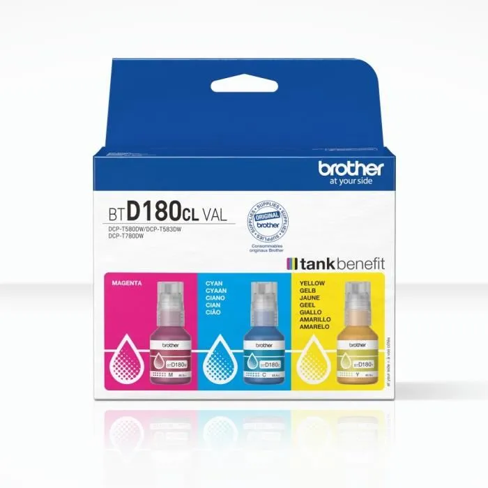 Brother BTD180CLVAL - Pack de 3 bouteilles d'encre (Cyan, Magenta, Jaune) - Rendement 5000 pages/couleur - Pour imprimantes DCP-T580DW, T583DW, T780DW