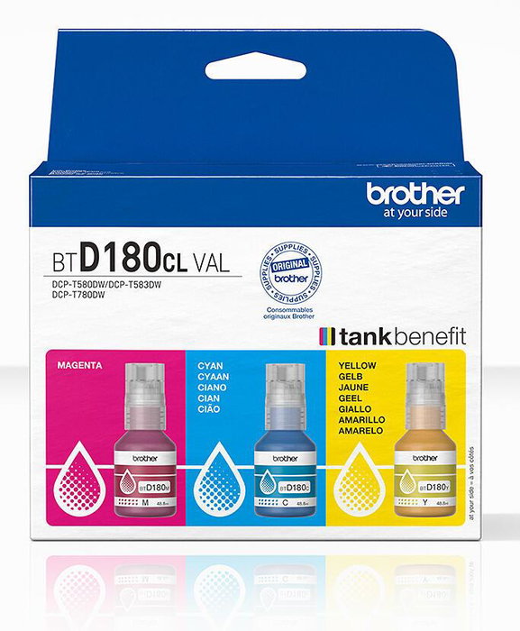 Brother BTD180CLVAL Pack de 3 bouteilles d'encre Cyan, Magenta, Jaune