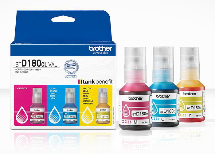 Brother BTD180CLVAL Pack de 3 bouteilles d'encre Cyan, Magenta, Jaune