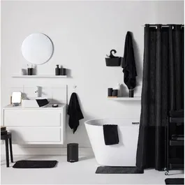 Today Set de douche Utility - Noir - Panier de rangement, tapis de bain et rideau de douche imprimé