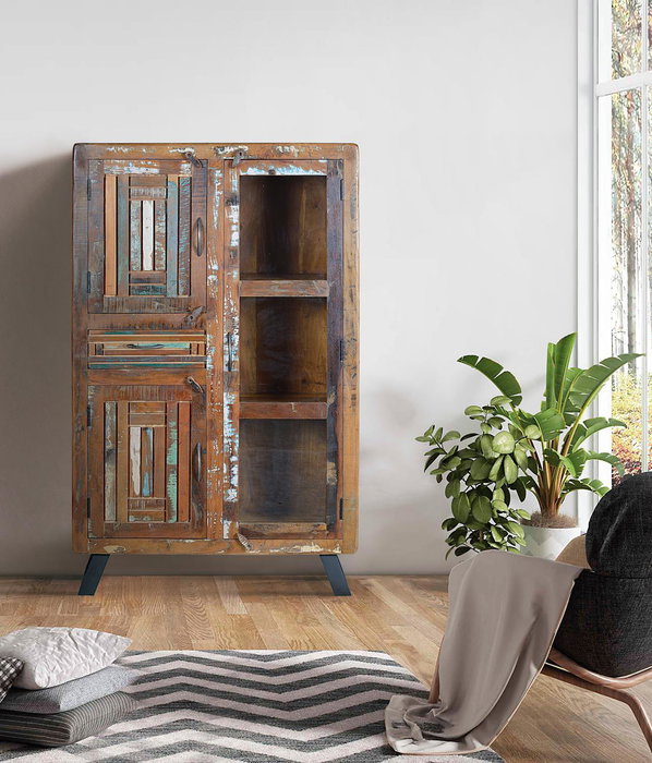 GINER Y COLOMER Vitrina Buffet en Bois de Mango Recyclé avec Pieds en Métal Multicolore 3 Portes 1 Tiroir 140x90x38 cm