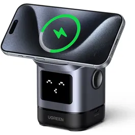 Ugreen Robot Qi2 Station de charge sans fil 2 en 1 Noir - Recharge rapide pour iPhone MagSafe et autre appareil, support intégré