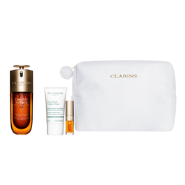 Clarins - Set Coffret Anti-Âge : Sérum Double Serum 50 ml + Masque Crème Cryo-Flash Fermeté & Éclat 15 ml + Huile à Lèvres Lip Confort N°01 1.4 ml + Poche Textile Zippée Blanche