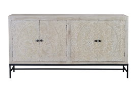 Giner y Colomer Buffet 4 portes en bois de manguier blanc vieilli avec intérieur à étagères, détails sculptés main - 158x38x85 cm environ