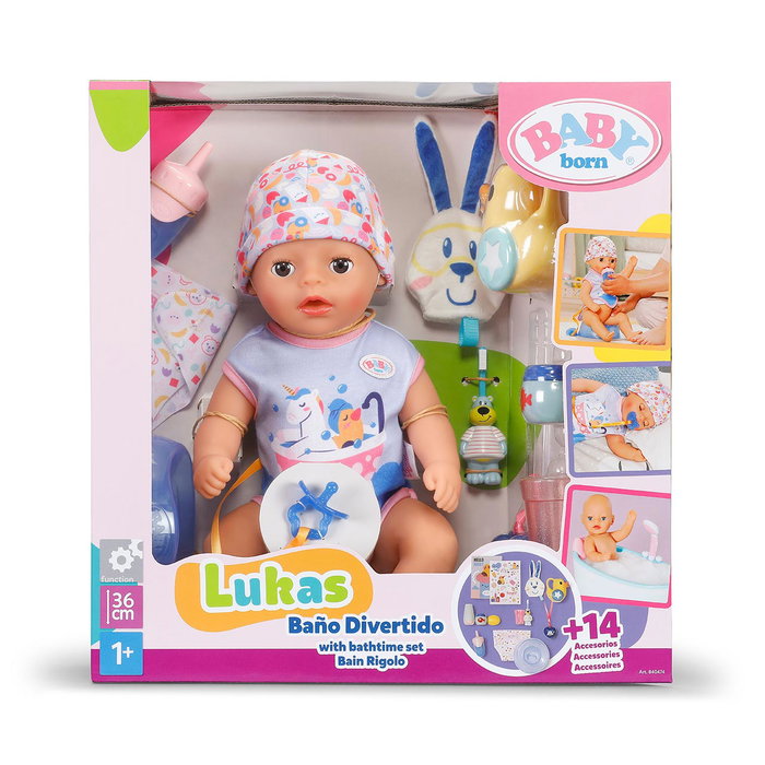 Zapf Creation Poupée Baby Born Luka Baño Divertido 36 cm - Poupée interactive avec 6 fonctions (boit, mouille, etc.) et 13 accessoires Zapf Creation Poupée Baby Born Luka Baño Divertido 36 cm - Poupée interactive avec 6 fonctions (boit, mouille, etc.) et 13 accessoires