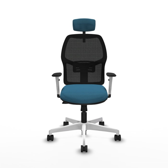 Chaise Alfera Synchrone/Traslack Maille/tissu Vert pétrole Maille Noir Structure polyamide blanc Accoudoirs noirs et blancs Appui-tête 2D Roulettes 65mm nylon