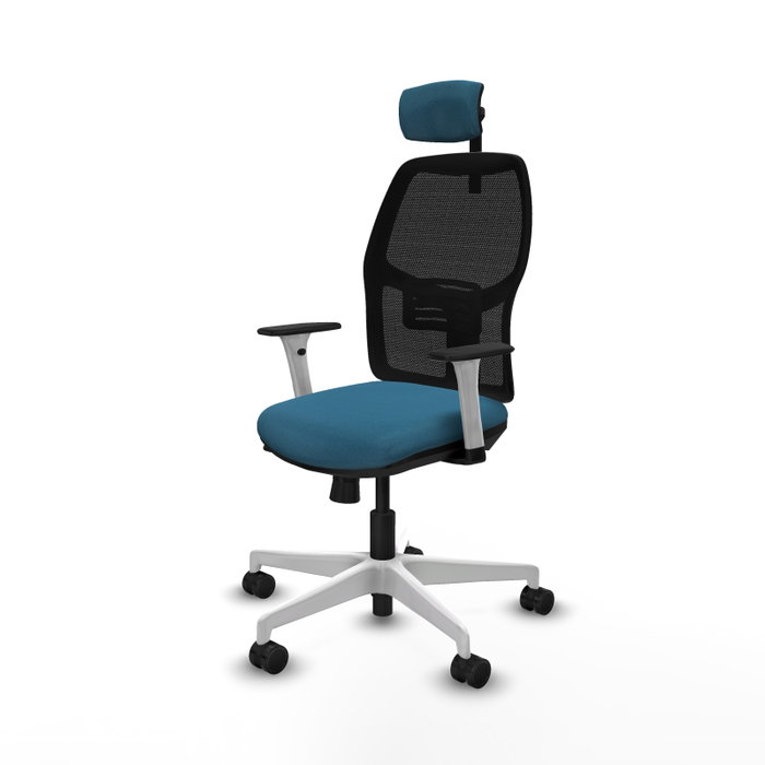 Chaise Alfera Synchrone/Traslack Maille/tissu Vert pétrole Maille Noir Structure polyamide blanc Accoudoirs noirs et blancs Appui-tête 2D Roulettes 65mm nylon