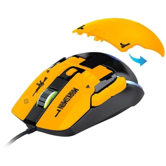 Yenkee Souris Gaming MARKSMAN YMS 3600YW - Filaire Modulaire, Capteur Pixart 3327 12400 DPI, RGB Personnalisable, Coques Interchangeables