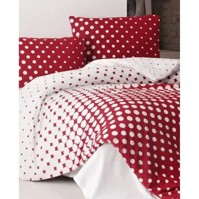 Parure de lit King - 1 housse de couette 240 x 220 cm + 2 taies d'oreiller 60 x 60 cm - 100% coton renforcé - Rouge et blanc - 140 fils/pc²