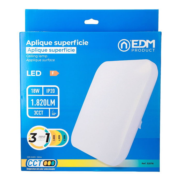 Edm Applique LED carré extra-plat de surface 18W 3CCT 1820 lm 33x33x7 cm